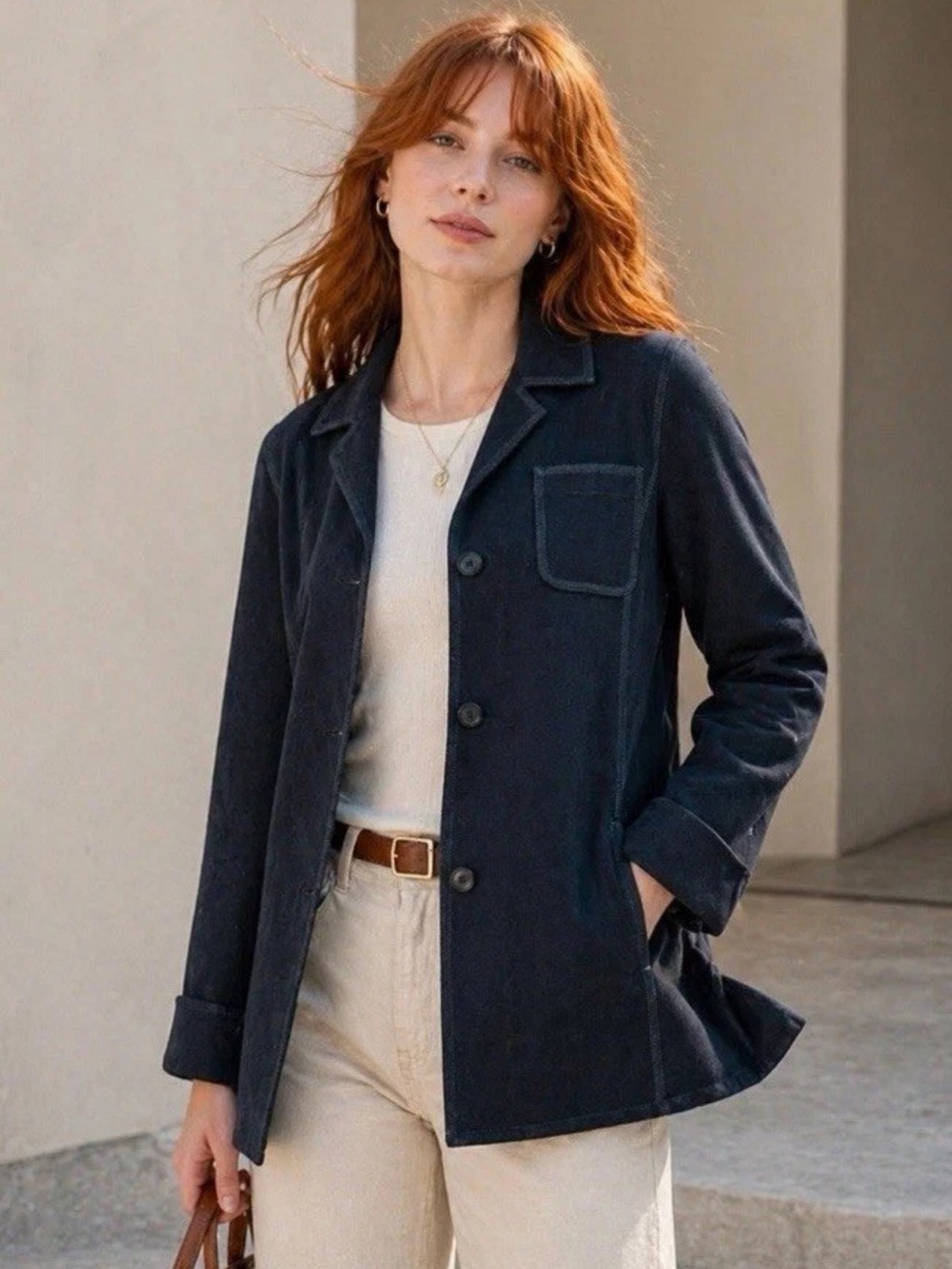 CARLISLE Women’s US 10 Navy Wool Blazer Jacket Exposed Hem Classic Cozy Career